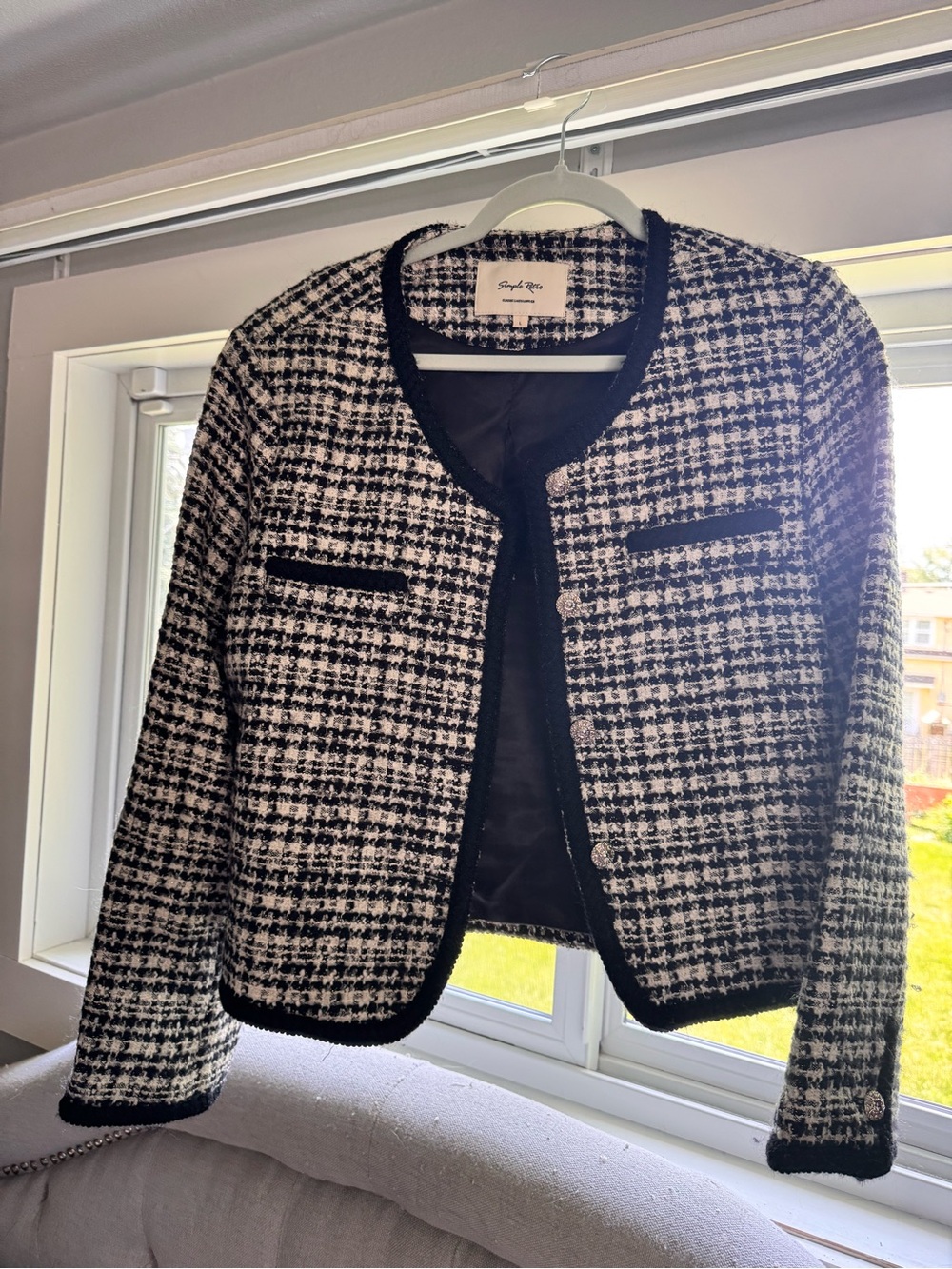 Simple Retro Black White Tweed Cropped Jacket Size L